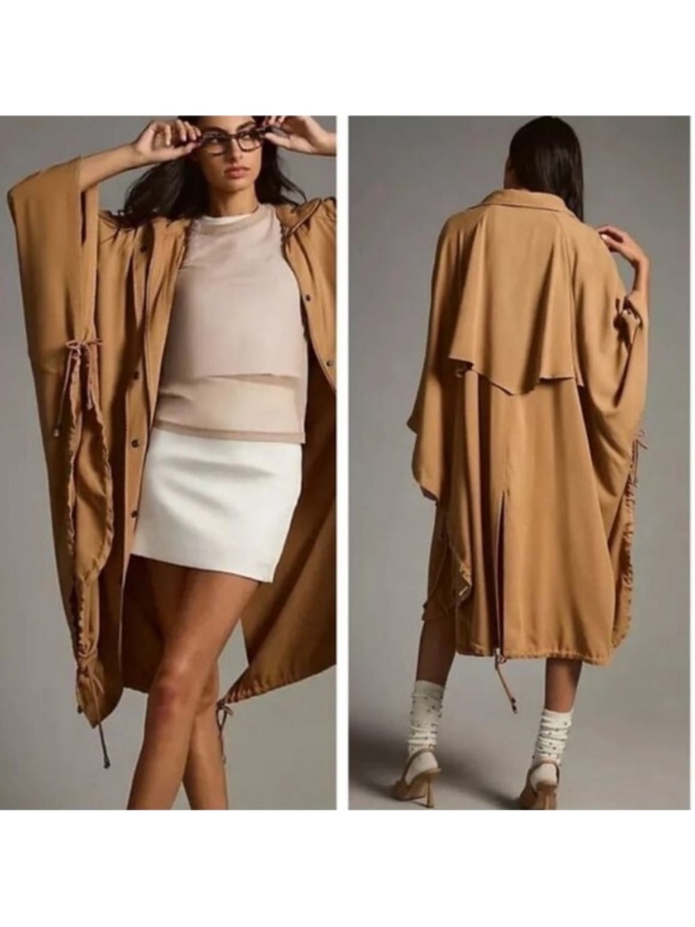 Anthrolpolgie pilcro Camel Draped Trench Coat Cape - Lightweight Camel Outerwear